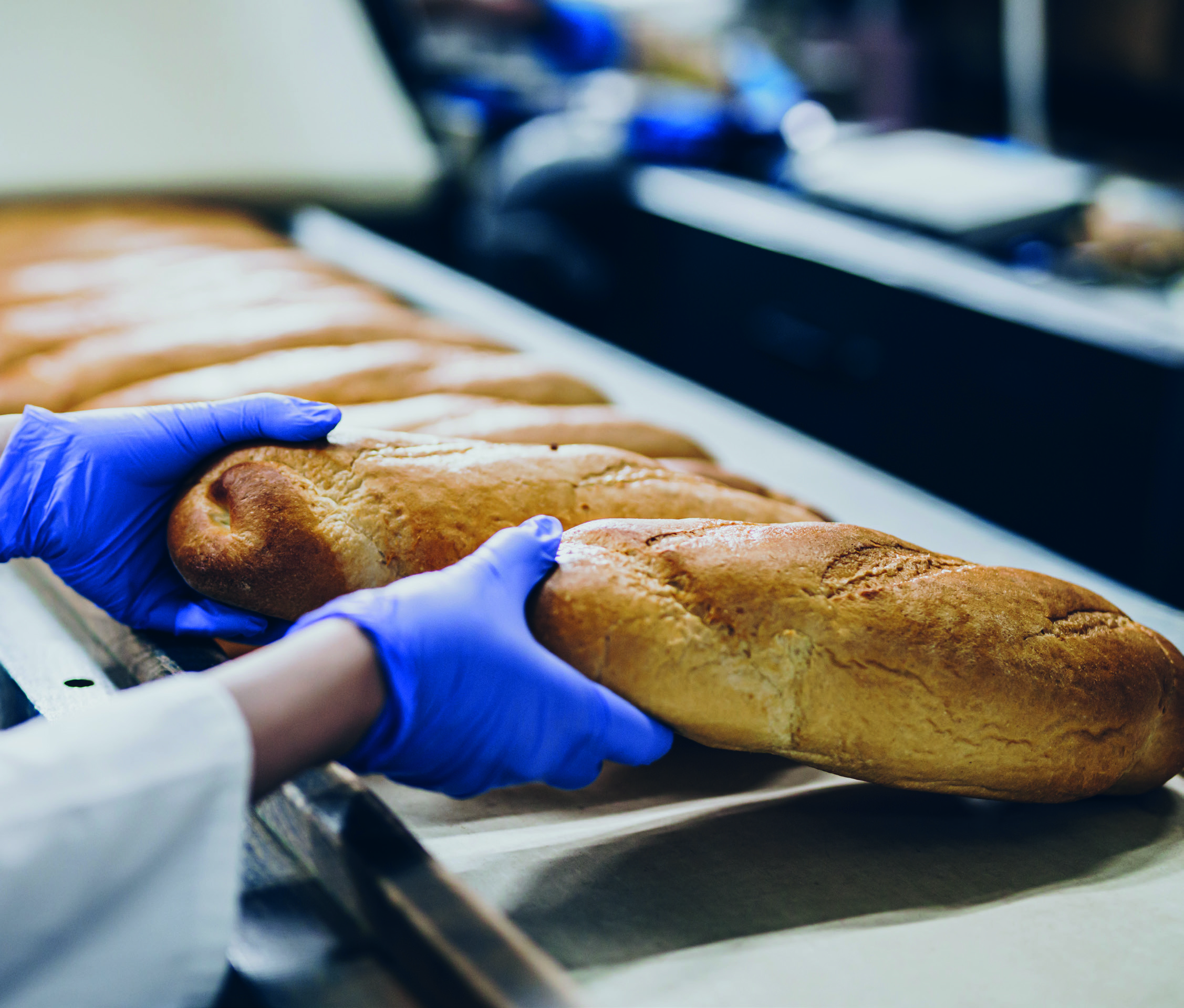 Baker woman working at bread production line.